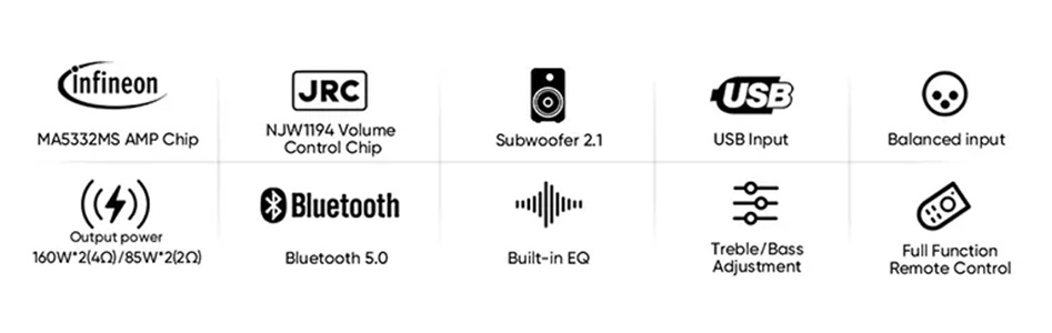 SMSL AO200 MKII Amplificateur Class D 2x MA5332MS Symétrique Bluetooth 5.0 Subwoofer 2x160W 4 Ohm